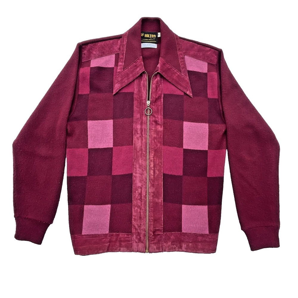 Vintage 70's‎ 80's Checkerboard Pattern Sweater Medium full zip Burgundy retro